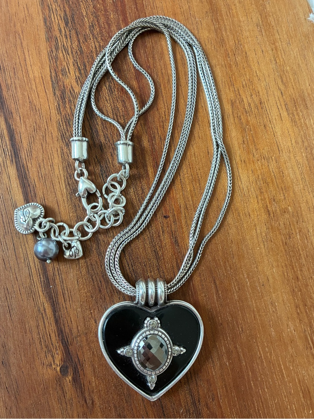 Brighton Silver Tone Necklace with Black Heart Pendant Statement Faceted